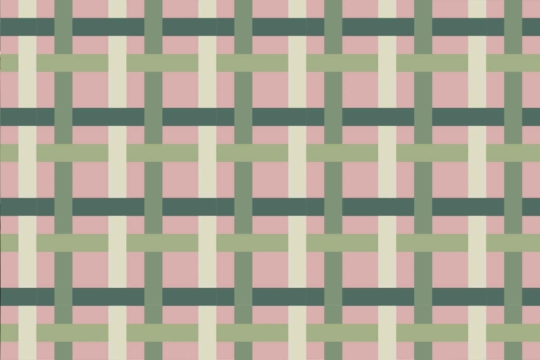 Wallpaper design: A woven lattice pattern featuring alternating vertical and horizontal bands. Bands are green (with slightly varied shades for a layered effect) and cream, set on a pink background. The overall look is reminiscent of a barcode.
Key elements:
- Woven lattice
- Alternating vertical and horizontal bands
- Shades of green (layered effect)
- Cream bands
- Pink background
Color highlights:
- Green shades
- Cream
- Pink