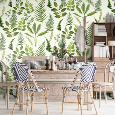 The Ming Cacti wallpaper showcases intricate patterns of lush green leaves interwoven with vibrant cactus plants. The textured design features varying shades of green, from deep emerald to light jade, accented with subtle hints of earthy browns and delicate white blossoms. This rich tapestry of botanical elements adds depth and a touch of exotic elegance to the dining room walls.