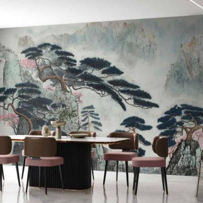 Nature-themed wall mural featuring stylized trees, mountainous landscapes, earthy greens, deep blues, soft grays.