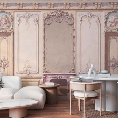 Intricately decorated wallpaper featuring classical art motifs in muted golds, rich burgundies, deep blues, and soft creams with delicate scrollwork and ornate patterns. It presents a sophisticated backdrop with detailed depictions of mythical creatures, intricate floral designs, and elegant arabesques that evoke historical opulence.