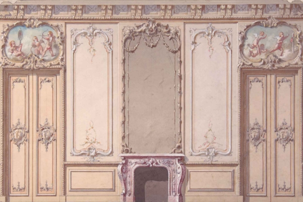The wallpaper in the ornate Rococo-style room features intricate moldings and floral designs reminiscent of a peach orchard. It has a pastel color palette including soft pinks, peaches, and hints of green. The upper corners are adorned with paintings of cherubs, blending seamlessly into the delicate floral patterns that traverse the walls.