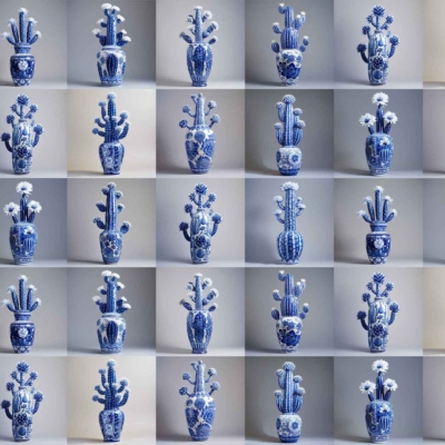 A 6x6 grid of blue and white vases features intricate designs. The wallpaper showcases:

- **Hand-painted flowers:** Delicate floral patterns, similar to Ming dynasty art
- **Cacti shapes:** Detailed botanical illustrations
- **Colors:** Predominantly blue and white with hints of green

Themes: Floral elegance, botanical elements