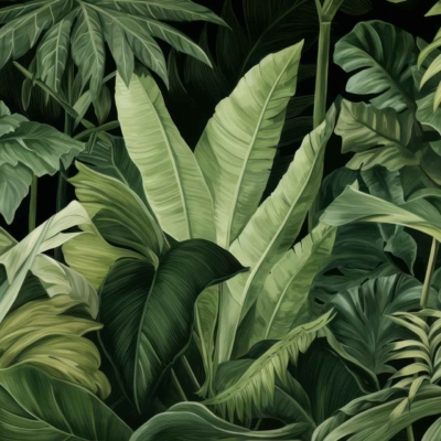Lush tropical jungle wallpaper featuring a rich variety of large green leaves: fan-like palm leaves, broad banana leaves, and split-leaf philodendrons. Set against a dark background for contrast. Highlights include deep greens, hints of light filtering through the foliage, and intricate leaf patterns for a vibrant yet tranquil nature-inspired design.