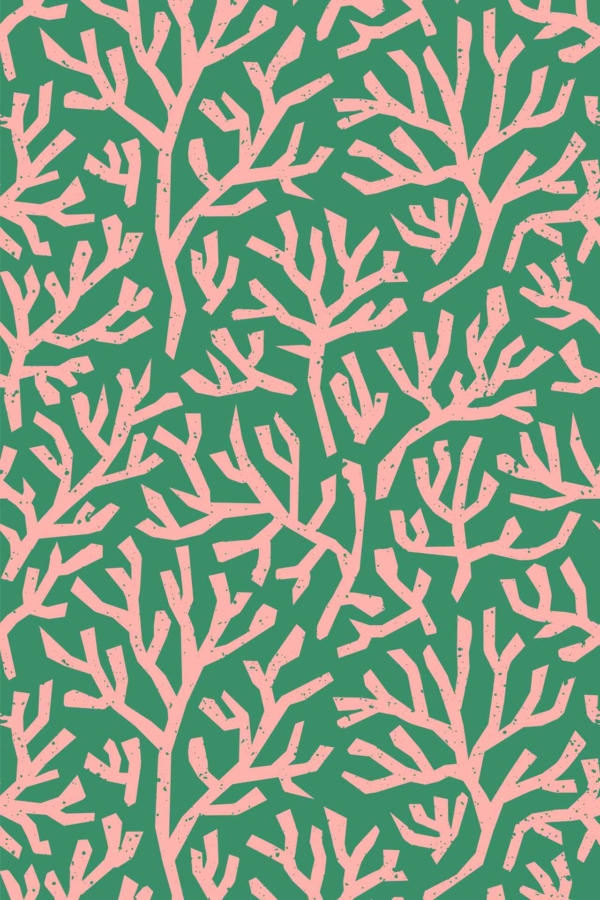 Seamless wallpaper pattern: pink abstract branches, green background, vibrant reef-inspired design. Stylized branches, evenly distributed, repetitive and visually engaging.
