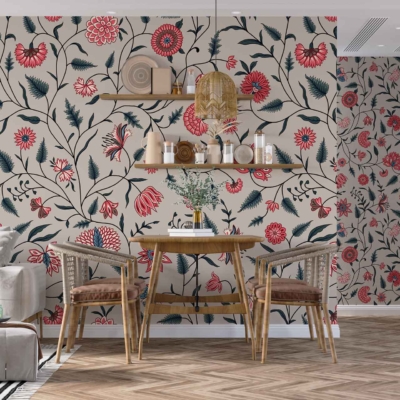 Vibrant floral wallpaper, red flowers, black flowers, colorful pattern.