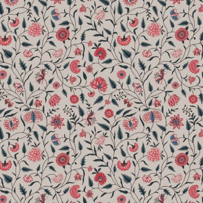 Seamless floral pattern, red and dark blue flowers, green leaves, light beige background. Intricate design, peach blossoms style. Various types of flowers, leaves, stems. Harmonious and elegant tapestry-like appearance: red flowers, dark blue flowers, green foliage on light beige.