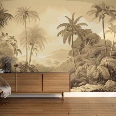 Tropical-themed mural: palm trees, mountain landscape, marine adventure. Colors: greens, blues, earth tones.