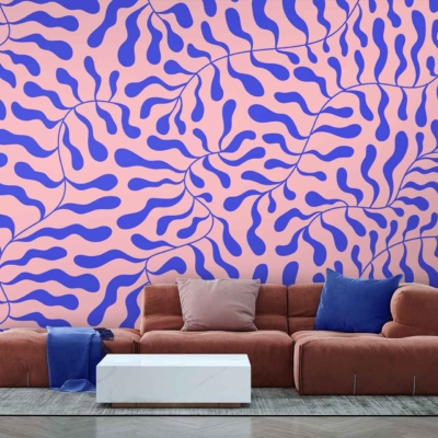 The wallpaper features a bold, abstract pattern with wavy blue lines on a light pink background, adding a whimsical touch.