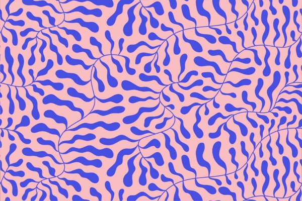 Curved, wavy blue lines, light pink background, intertwining lines, abstract texture, organic design, flowing water feel.