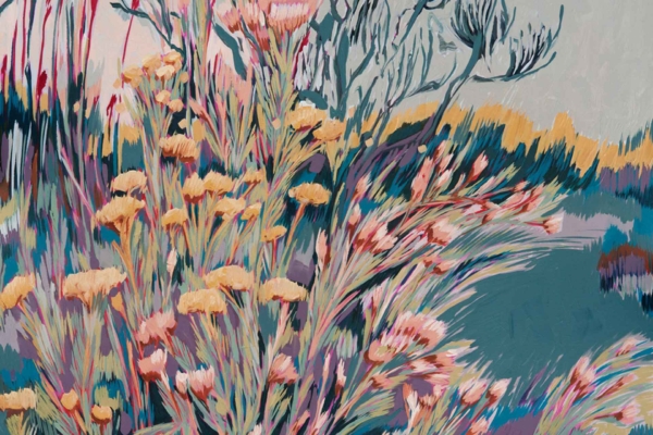 Abstract painting wallpaper featuring vibrant, multicolored Watsonias and plants in full bloom. Elements include lively pink, yellow, green, and blue hues creating a dynamic natural landscape. Suitable for searches related to colorful floral abstract designs and lively natural scenes.