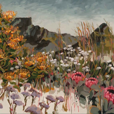 Wallpaper features rugged mountain landscape, colorful wildflowers including yellow and orange Helichrysums, pink Watsonias, white flowers. Steep dark mountains in backdrop under cloudy sky.