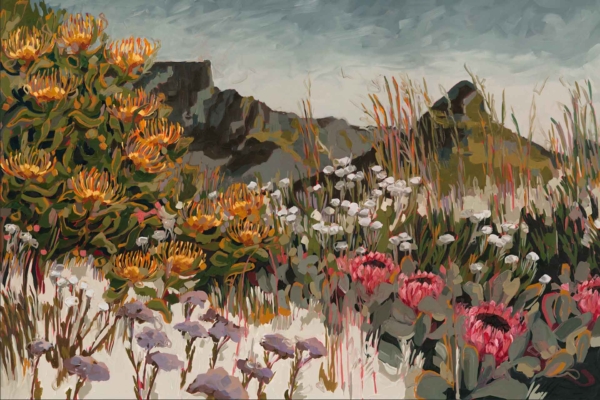 Wallpaper features rugged mountain landscape, colorful wildflowers including yellow and orange Helichrysums, pink Watsonias, white flowers. Steep dark mountains in backdrop under cloudy sky.