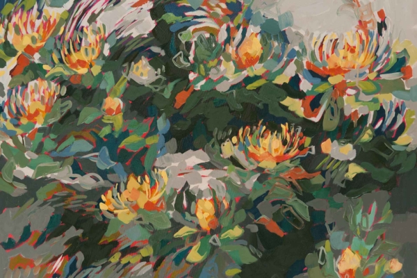 Vibrant abstract wallpaper featuring colorful flowers such as Aristeas and Watsonias with prominent yellow and orange petals intertwined in lush green foliage. Dynamic, expressive brushstrokes create a sense of movement and vivacity. Perfect for adding energy to any space.