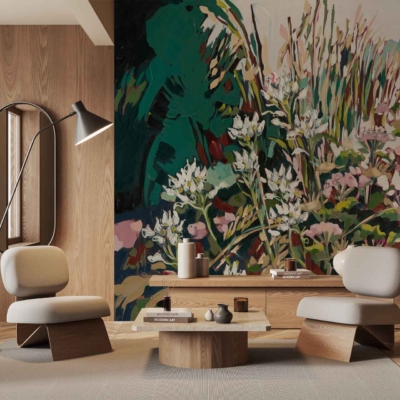 The wallpaper features a vibrant floral mural, reminiscent of the Aristea Capitata. It showcases bold, colorful blooms in shades of blue, purple, and green with detailed petals and leaves. The design adds a dynamic and refreshing aesthetic to the room's ambiance.