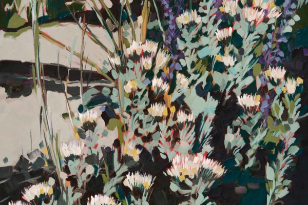 Wallpaper features a vibrant cluster of blooming flowers, with white and light pink Helichrysums amid lush green foliage. Characterized by bold brushstrokes and rich, contrasting colors.