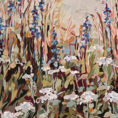 Colorful abstract wallpaper showcasing a lively field of wildflowers. Numerous shades of green, red, and brown brushstrokes form the foliage. Aristeas and Watsonias flowers scatter throughout, adding vibrant touches to the nature scene.