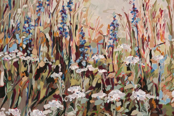 Colorful abstract wallpaper showcasing a lively field of wildflowers. Numerous shades of green, red, and brown brushstrokes form the foliage. Aristeas and Watsonias flowers scatter throughout, adding vibrant touches to the nature scene.