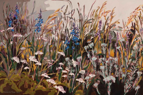 Wallpaper features a garden with wildflowers in full bloom. Dominant tall wheat-like grasses and Watsonias stand out. Helichrysums, blue, and white flowers contribute to a textured style against a muted, abstract background. Vibrant colors include shades of green, yellow, red, blue, and white.