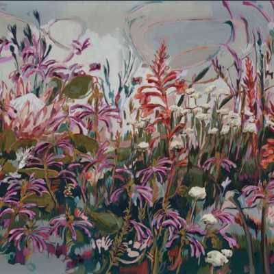 A vibrant and expressive wallpaper featuring a lush garden filled with various flowers. Dominated by shades of pink, purple, and green, the design showcases helichrysums and watsonias among an array of blooming plants and foliage, creating a dense and lively composition. Swirling patterns fill the background. Elements include helichrysums, watsonias, blooming plants, foliage; Colors: pink, purple, green.