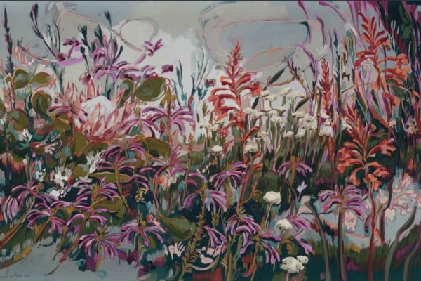 A vibrant and expressive wallpaper featuring a lush garden filled with various flowers. Dominated by shades of pink, purple, and green, the design showcases helichrysums and watsonias among an array of blooming plants and foliage, creating a dense and lively composition. Swirling patterns fill the background. Elements include helichrysums, watsonias, blooming plants, foliage; Colors: pink, purple, green.