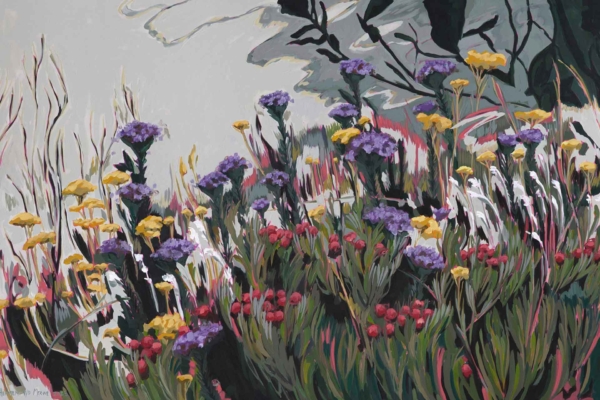 Vibrant wallpaper featuring flowering plants: helichrysums, purple aristeas, yellow watsonias, and red blooms with abundant green foliage. Background is an abstract representation of nature with muted colors suggesting serenity. Impressionistic style.