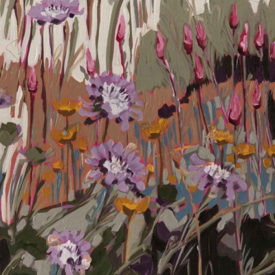 Wallpaper features vibrant wildflowers with Watsonias and Helichrysums, showcasing pink and purple blooms on long green stems. The background consists of earthy tones. Vibrant flowers and textured foliage stand out against the muted backdrop.