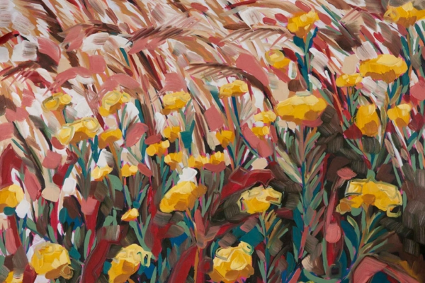 Vibrant wallpaper featuring bold, textured brushstrokes. Dominant yellow Watsonias with green stems against a lively backdrop of tall, pink grass. Dynamic composition with rich colors and abstract design elements.