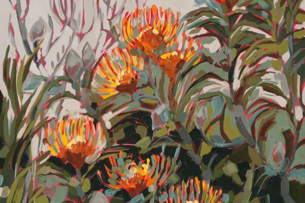 Vibrant orange and yellow protea flowers amid green and maroon foliage. Delicate helichrysums. Full bloom, rich textures, dynamic brushstrokes.