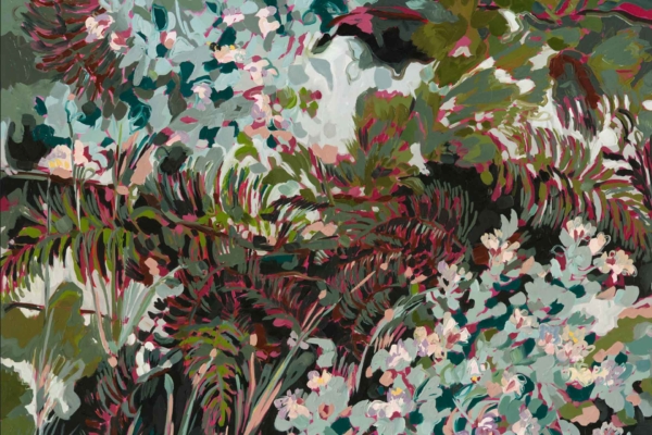 Abstract wallpaper featuring vibrant foliage and flowers in deep greens, pinks, and whites. Dense layers of lush greenery mix with bursts of pink Watsonias, creating a tropical jungle feel.