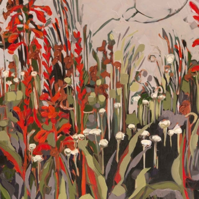 An abstract wallpaper showcasing vivid clusters of red flowers with elongated stems and lush green leaves, juxtaposed by dainty, white round blossoms. The background employs soft, muted light tones with minimal detailing, delivering a dreamy and ethereal ambiance akin to the Pause Series.