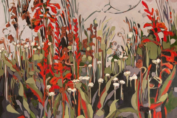 An abstract wallpaper showcasing vivid clusters of red flowers with elongated stems and lush green leaves, juxtaposed by dainty, white round blossoms. The background employs soft, muted light tones with minimal detailing, delivering a dreamy and ethereal ambiance akin to the Pause Series.