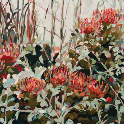 Vibrant wallpaper depicting an abstract garden with orange-red flowers, green Helichrysums, and various contrasting colors. Textured and lively design featuring prominent floral elements.
