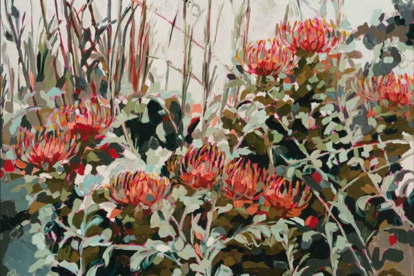 Vibrant wallpaper depicting an abstract garden with orange-red flowers, green Helichrysums, and various contrasting colors. Textured and lively design featuring prominent floral elements.