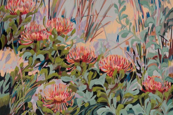 Vibrant botanical wallpaper with large pink-red flowers and green foliage, featuring delicate Watsonias. Background showcases abstract pastel shades of blue, purple, and beige for a dynamic nature scene. Thin, wispy stems add intricate detail throughout.