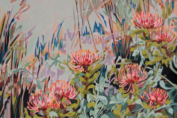 Wallpaper features a vibrant patch of pink protea flowers with spiky petals. Abstract greenery, helichrysums, and tall slender grasses create the backdrop. Bursting colors: shades of pink, green, and pale blues.