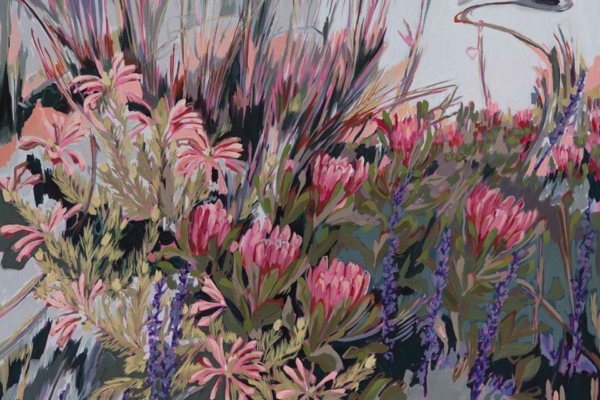 Vibrant painting wallpaper with lush garden elements. Blooming pink and purple Watsonias surrounded by rich green foliage. Abstract style with dynamic brushstrokes, creating energetic atmosphere. Mix of soft and sharp textures. Highlighted colors: pink, purple, green.