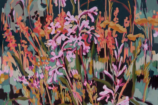 Vibrant wallpaper featuring an abstract field of wildflowers, highlighted by delicate helichrysums and elegant watsonias. The design bursts with colors like pinks, oranges, blues, and greens against a dark background. An energetic mix of floral shapes and hues creates a dynamic and lively scene, ideal for adding color to any space.