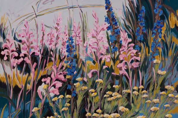Vibrant garden wallpaper with blooming flowers: tall pink and blue Watsonias, delicate yellow blossoms, lush green foliage. Bursts of color from Helichrysums. Background features soft pastel hues and abstract brushstrokes.