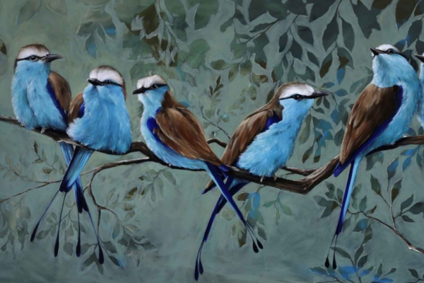 Serene wallpaper featuring blue and brown messenger birds perched on a tree branch. Background showcases green and blue foliage, adding to the natural ambiance. Detailed feather patterns and muted tones create a realistic, calming atmosphere. Perfect for a nature-inspired decor theme.