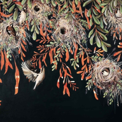 Wallpaper: Multiple bird nests in leafy branches, messenger birds perched or flying around. Leaves in shades of green and orange. Dark background for contrast, highlighting nests and birds.