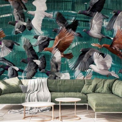 The large wall mural displays messenger birds in various colors flying against an abstract green background. Key elements include birds in flight and a green, abstract backdrop.