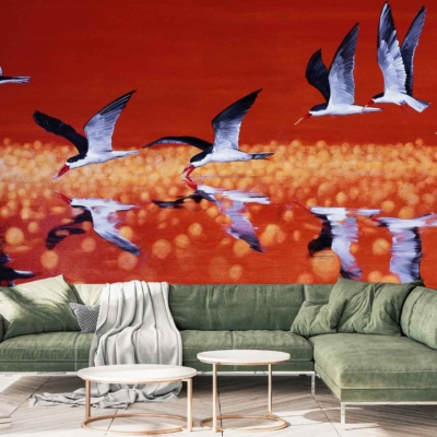 Vibrant mural of messenger birds in flight, glowing orange-hued water surface.