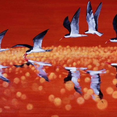 Black and white birds, long red beaks, flying low, serene water surface, reflections, mesmerizing effect. Background: vivid gradient of red and orange hues, abstract sunset, soft glowing orbs of light.