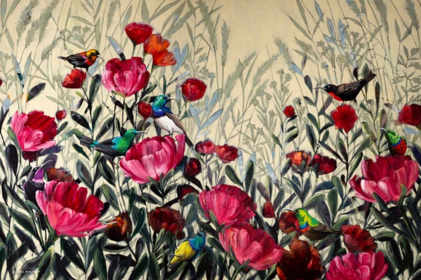 Colorful birds, blooming red and pink flowers, green leaves, pale sky background, muted green grasses.