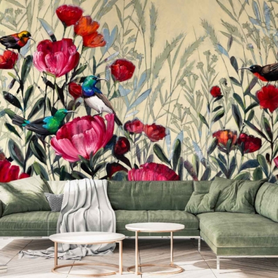 The wallpaper features a vibrant mural with colorful flowers in shades of red, yellow, blue, and pink. Messenger birds in hues of white and gray are interspersed among the flowers. The background is a lively mix of greens and subtle pastels.