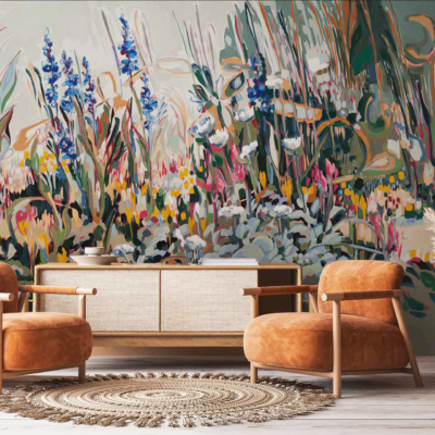 Vibrant mural of abstract Pincushion Proteas with bold colors. Features rich reds, oranges, and soft yellows interwoven with deep greens and hints of earthy brown. Bright and dynamic floral patterns dominate the wallpaper design.
