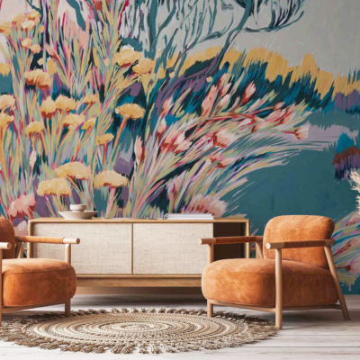 Wallpaper features:
- Vibrant, abstract mural
- Colorful flowers and plants
- Style reminiscent of Abstract Pincushion Proteas from the Response Series
- Elements: Flower petals, lush foliage, intricate patterns
- Colors: Bright reds, oranges, yellows, greens with hints of blue