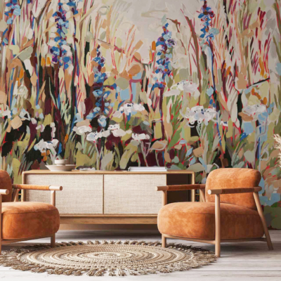 Large, colorful mural, wildflowers, tall grasses, pincushion proteas, exotic touch.