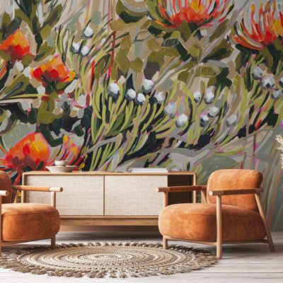 The wallpaper features a vibrant, floral mural with orange and red flowers, green foliage, and small white buds—reminiscent of Abstract Pincushion Proteas. This artistic touch includes rich hues and detailed botanical elements.