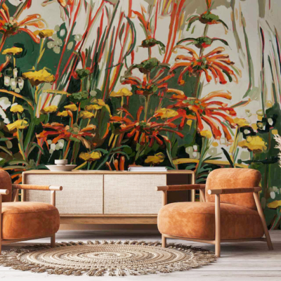 Vibrant botanical mural: red, orange, yellow flowers; Pincushion Proteas